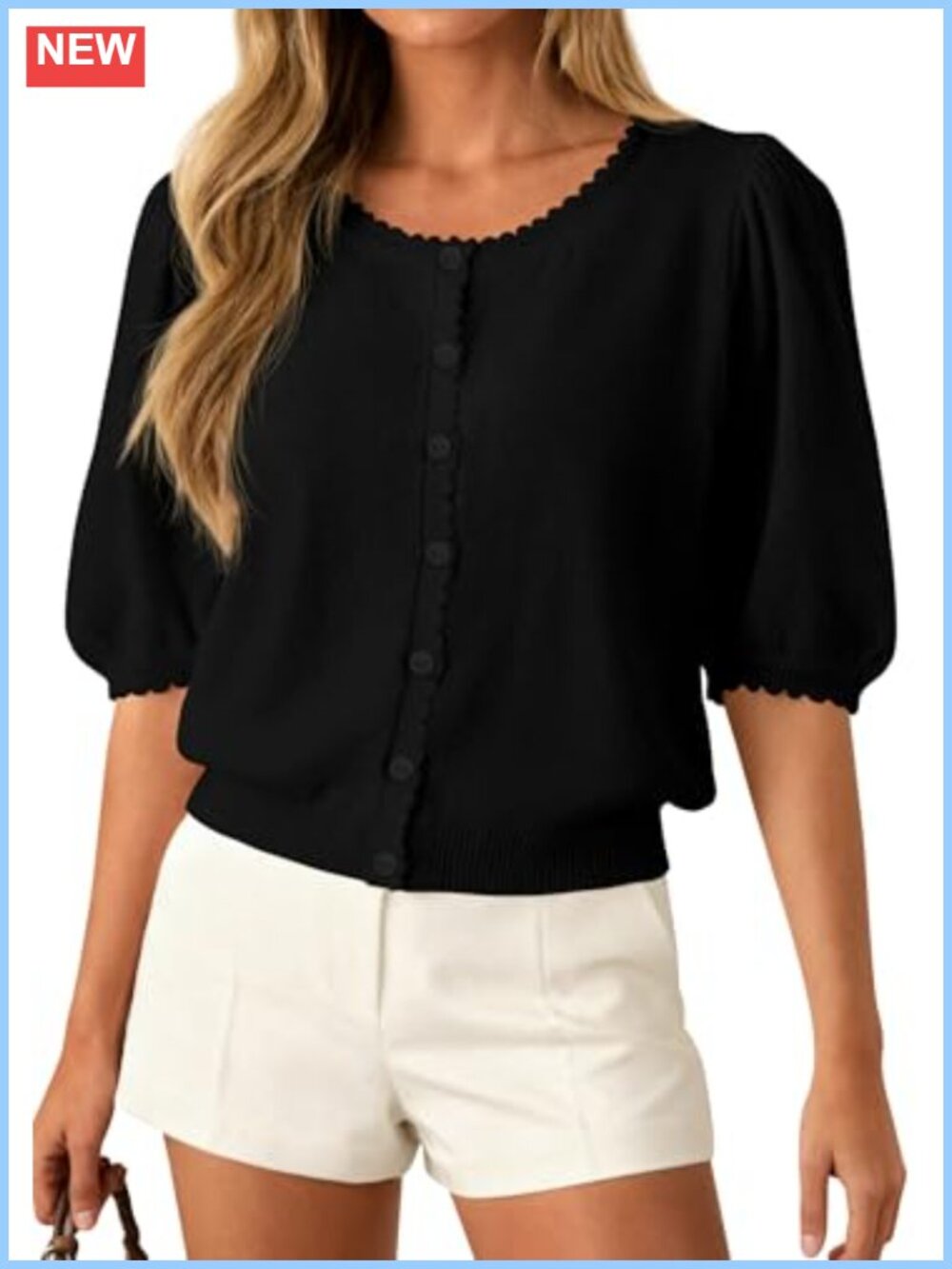 Short Sleeve Lightweight Knit Cardigan Scalloped Button Front Cropped Sweater